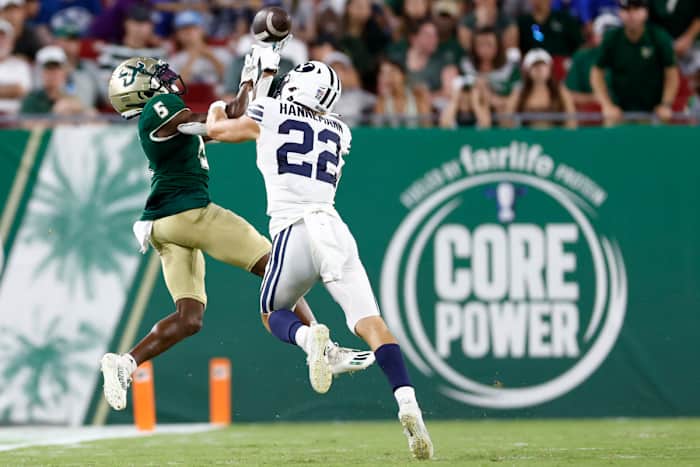 BYU defensive back Ammon Hannemann breaks up a pass against the USF Bulls.